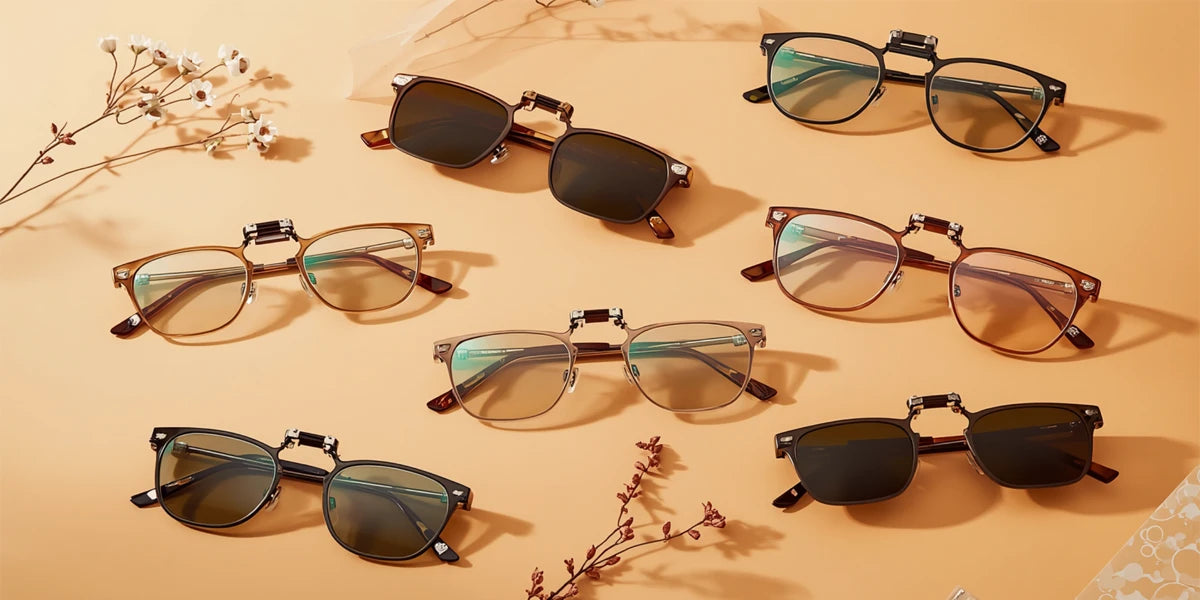 Collection of sunglasses on a beige surface with floral decorations